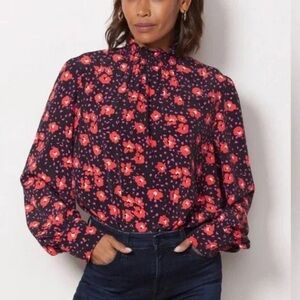 Sanctuary Red & Pink Boho Romance Floral Smocked Puff Sleeve Blouse Mock Neck S